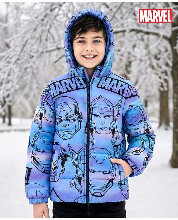 Pine Kids Marvel Woven Full Sleeves Hooded Padded Jacket with Avengers Graphic - Blue