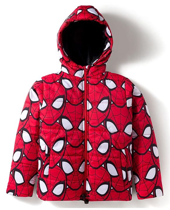 Pine Kids Marvel Woven Full Sleeves Hooded Padded Jacket with Spider man Print - Red