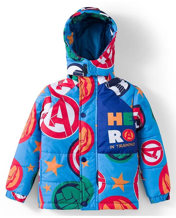 Babyhug Marvel Woven Full Sleeves Hooded Padded Jacket With Avengers Print & Detachable Hood - Blue