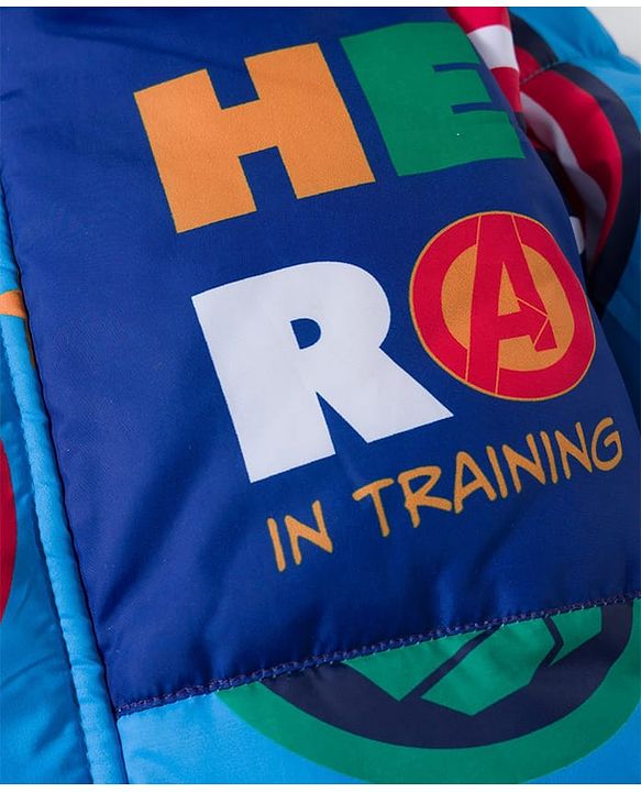 Babyhug Marvel Woven Full Sleeves Hooded Padded Jacket With Avengers Print & Detachable Hood - Blue