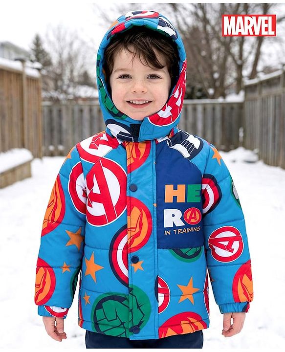Babyhug Marvel Woven Full Sleeves Hooded Padded Jacket With Avengers Print & Detachable Hood - Blue