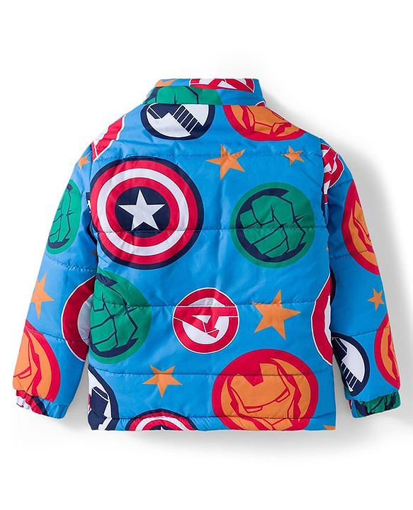 Babyhug Marvel Woven Full Sleeves Hooded Padded Jacket With Avengers Print & Detachable Hood - Blue