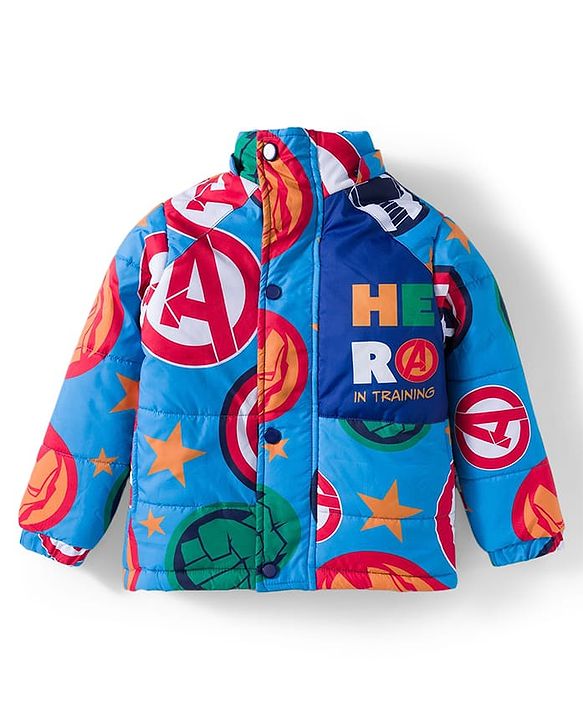 Babyhug Marvel Woven Full Sleeves Hooded Padded Jacket With Avengers Print & Detachable Hood - Blue