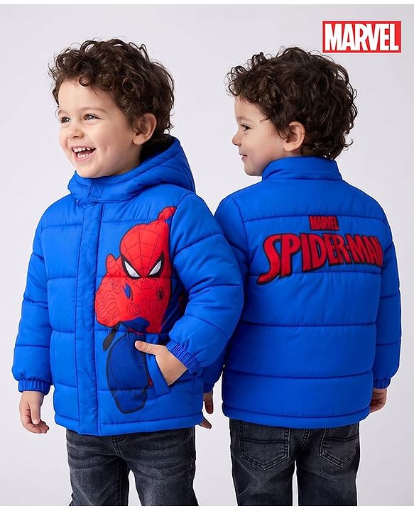 Babyhug Marvel Woven Full Sleeves Hooded Winter Jacket With Spider Man Graphics - Blue