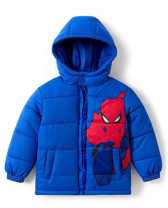 Babyhug Marvel Woven Full Sleeves Hooded Winter Jacket With Spider Man Graphics - Blue