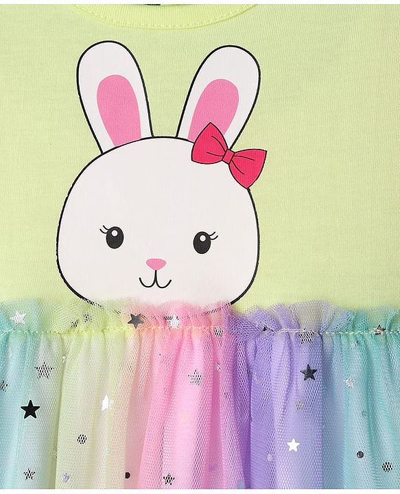 Babyhug Cotton Knit Half Sleeves Bunny Printed Frock With Bloomers & Star Print - Light Green