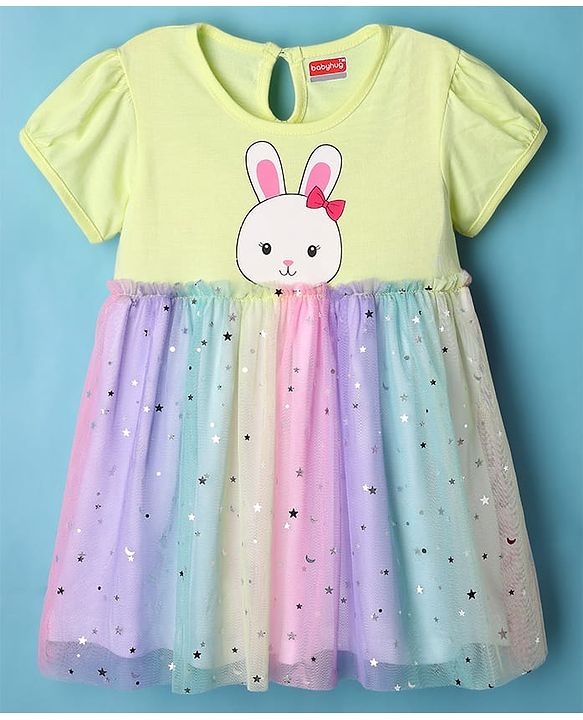 Babyhug Cotton Knit Half Sleeves Bunny Printed Frock With Bloomers & Star Print - Light Green