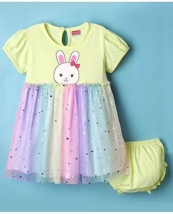 Babyhug Cotton Knit Half Sleeves Bunny Printed Frock With Bloomers & Star Print - Light Green