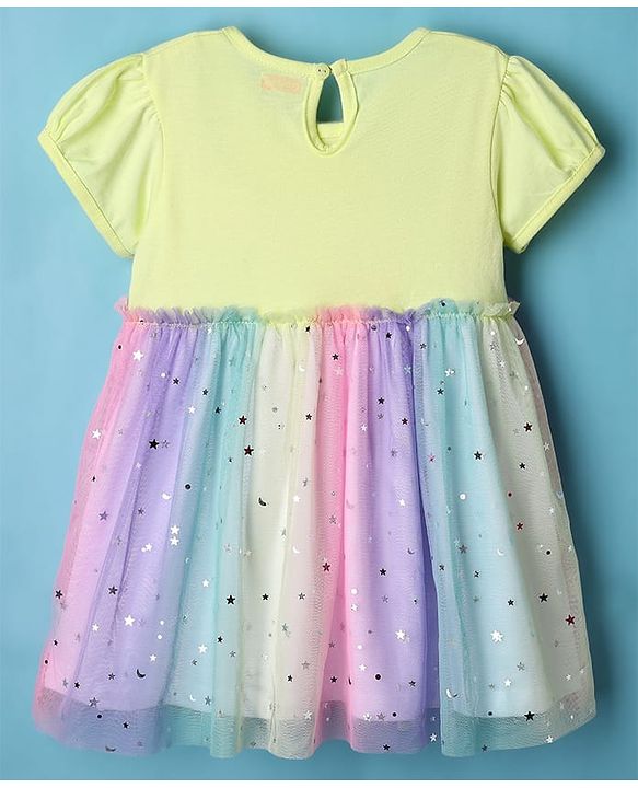Babyhug Cotton Knit Half Sleeves Bunny Printed Frock With Bloomers & Star Print - Light Green