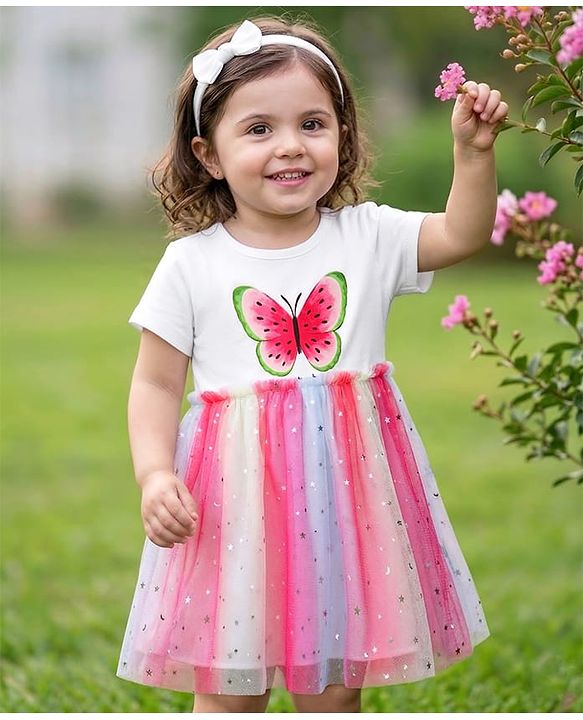Babyhug Cotton Knit Half Sleeves Frock With Hairband & Butterfly Print - Pink & White