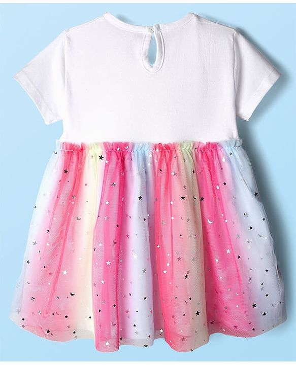 Babyhug Cotton Knit Half Sleeves Frock With Hairband & Butterfly Print - Pink & White