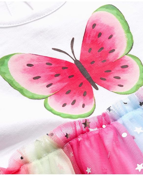 Babyhug Cotton Knit Half Sleeves Frock With Hairband & Butterfly Print - Pink & White