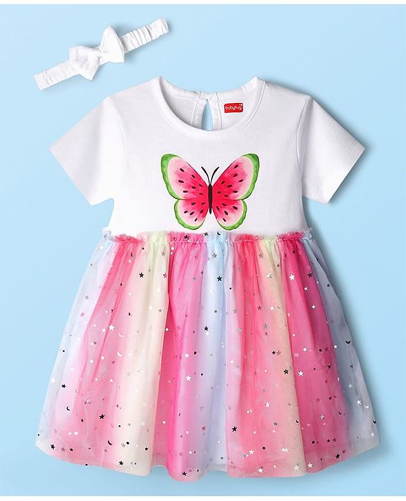 Babyhug Cotton Knit Half Sleeves Frock With Hairband & Butterfly Print - Pink & White