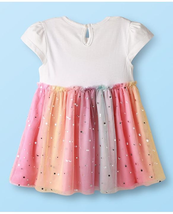 Babyhug Cotton Knit Cap Sleeves Cat Printed Frock With Bloomers & Headband - White & Pink