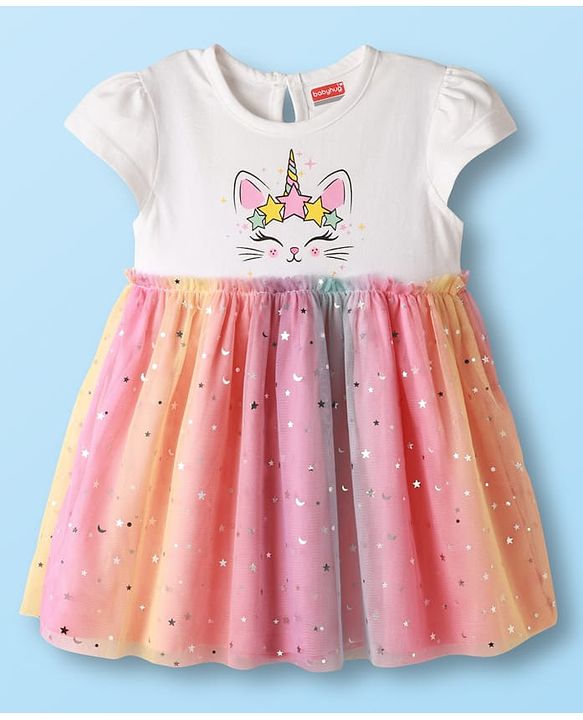 Babyhug Cotton Knit Cap Sleeves Cat Printed Frock With Bloomers & Headband - White & Pink