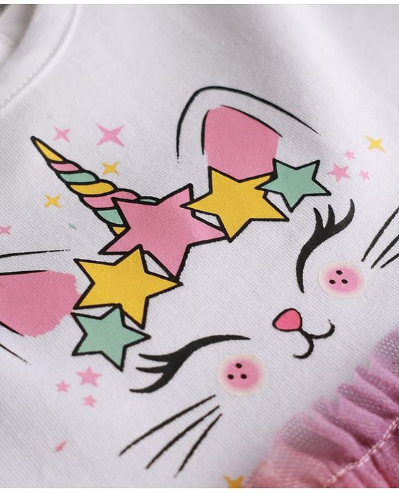 Babyhug Cotton Knit Cap Sleeves Cat Printed Frock With Bloomers & Headband - White & Pink