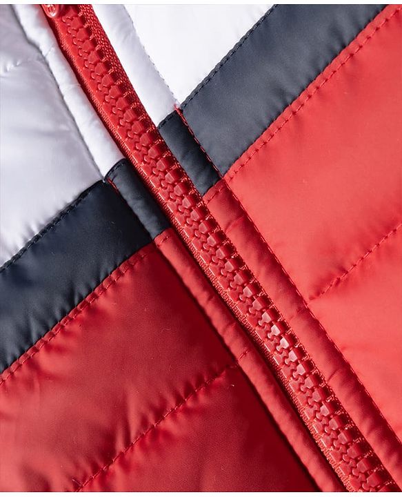 Pine Kids Woven Full Sleeves Font Open Color Block Padded Hooded Jacket  & Pocket - Red & White