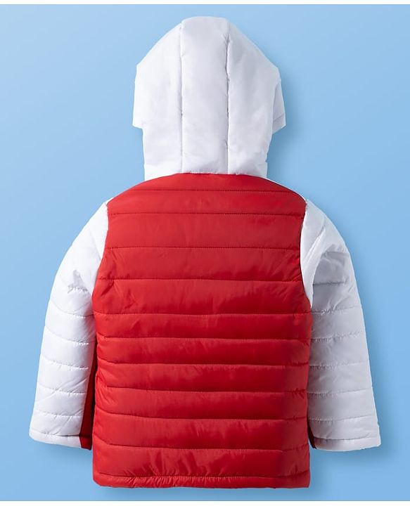 Pine Kids Woven Full Sleeves Font Open Color Block Padded Hooded Jacket  & Pocket - Red & White