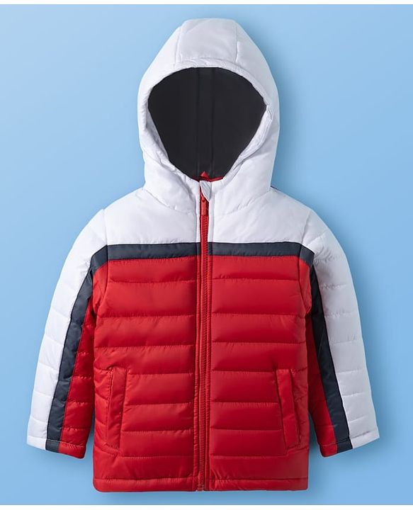 Pine Kids Woven Full Sleeves Font Open Color Block Padded Hooded Jacket  & Pocket - Red & White