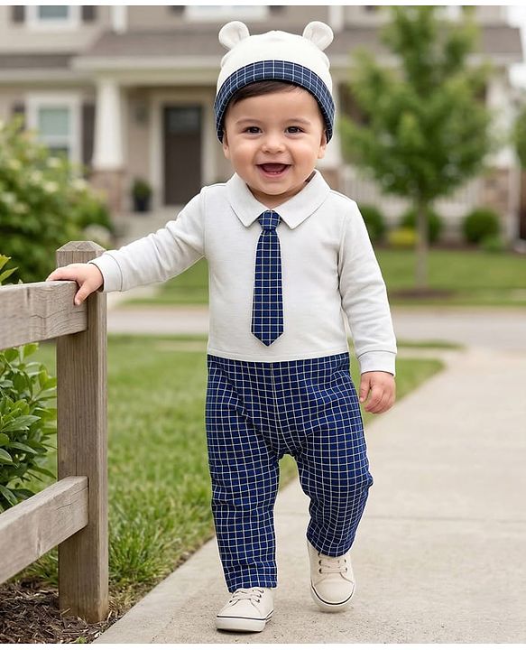 Babyhug Cotton Knit Full Sleeves Party Romper Checked Design & Tie Detailing With Cap - Grey & Navy Blue