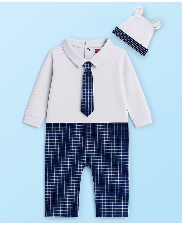 Babyhug Cotton Knit Full Sleeves Party Romper Checked Design & Tie Detailing With Cap - Grey & Navy Blue