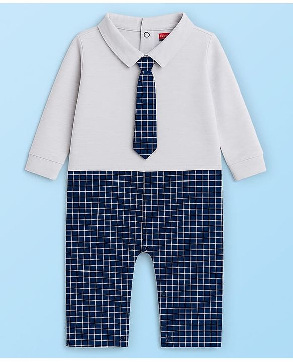Babyhug Cotton Knit Full Sleeves Party Romper Checked Design & Tie Detailing With Cap - Grey & Navy Blue
