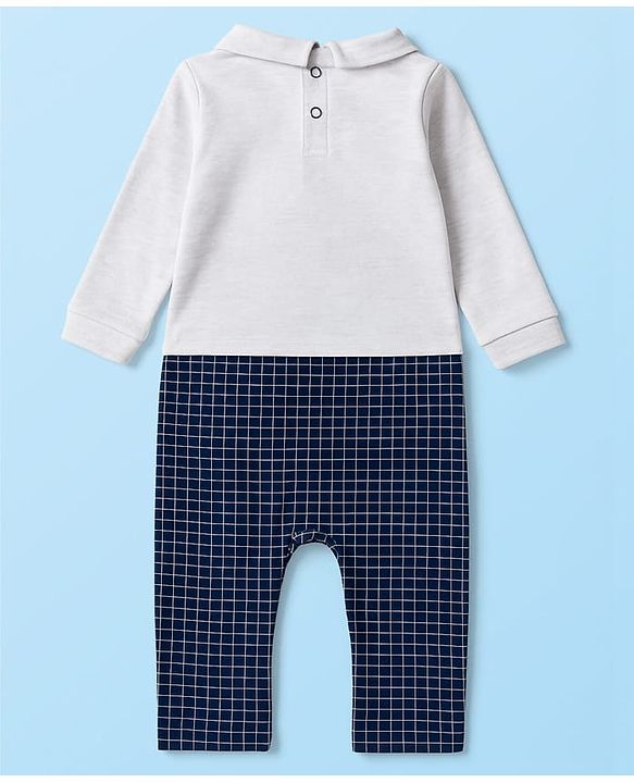Babyhug Cotton Knit Full Sleeves Party Romper Checked Design & Tie Detailing With Cap - Grey & Navy Blue