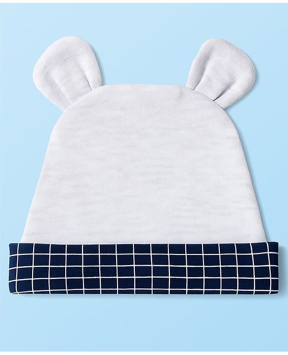 Babyhug Cotton Knit Full Sleeves Party Romper Checked Design & Tie Detailing With Cap - Grey & Navy Blue