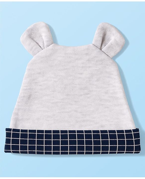 Babyhug Cotton Knit Full Sleeves Party Romper Checked Design & Tie Detailing With Cap - Grey & Navy Blue