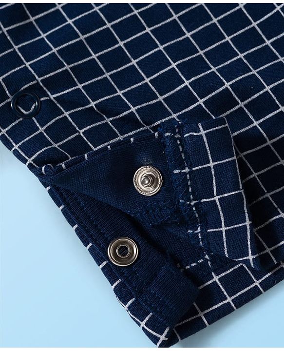 Babyhug Cotton Knit Full Sleeves Party Romper Checked Design & Tie Detailing With Cap - Grey & Navy Blue