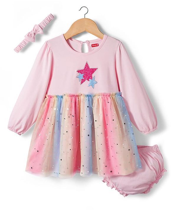 Babyhug Cotton Knit Full Sleeves Star Printed Frock With Bloomer & Headband - Pink