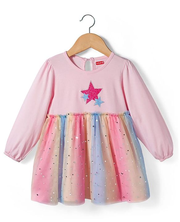 Babyhug Cotton Knit Full Sleeves Star Printed Frock With Bloomer & Headband - Pink