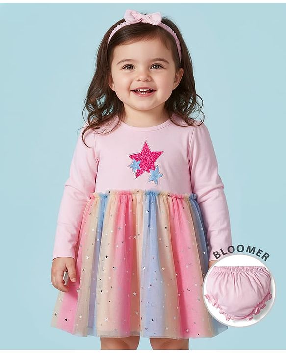 Babyhug Cotton Knit Full Sleeves Star Printed Frock With Bloomer & Headband - Pink