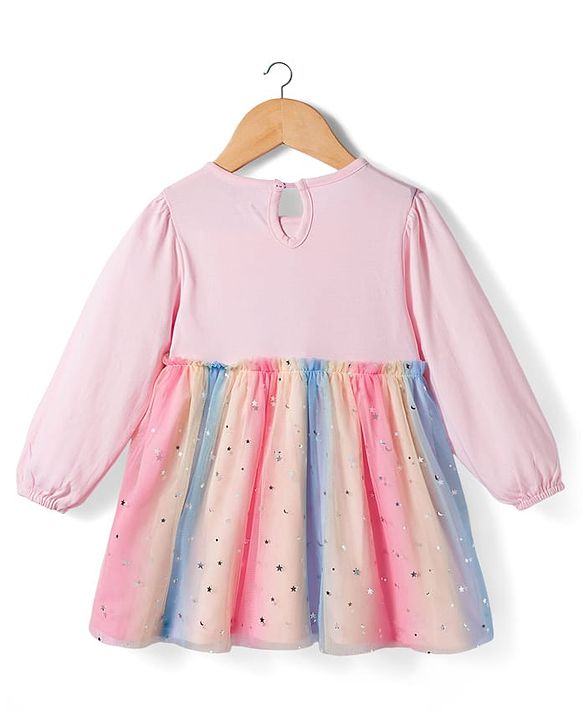 Babyhug Cotton Knit Full Sleeves Star Printed Frock With Bloomer & Headband - Pink