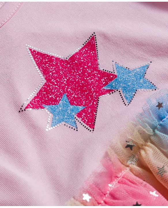 Babyhug Cotton Knit Full Sleeves Star Printed Frock With Bloomer & Headband - Pink