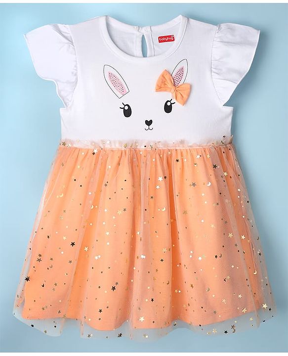 Babyhug Cotton Knit Frill Sleeves Bunny Printed Frock with Bow Applique & Foil Print - Orange & White