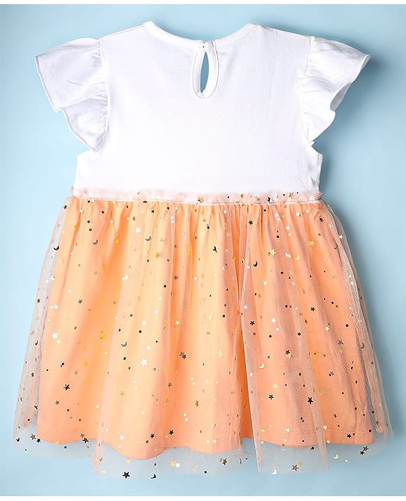 Babyhug Cotton Knit Frill Sleeves Bunny Printed Frock with Bow Applique & Foil Print - Orange & White