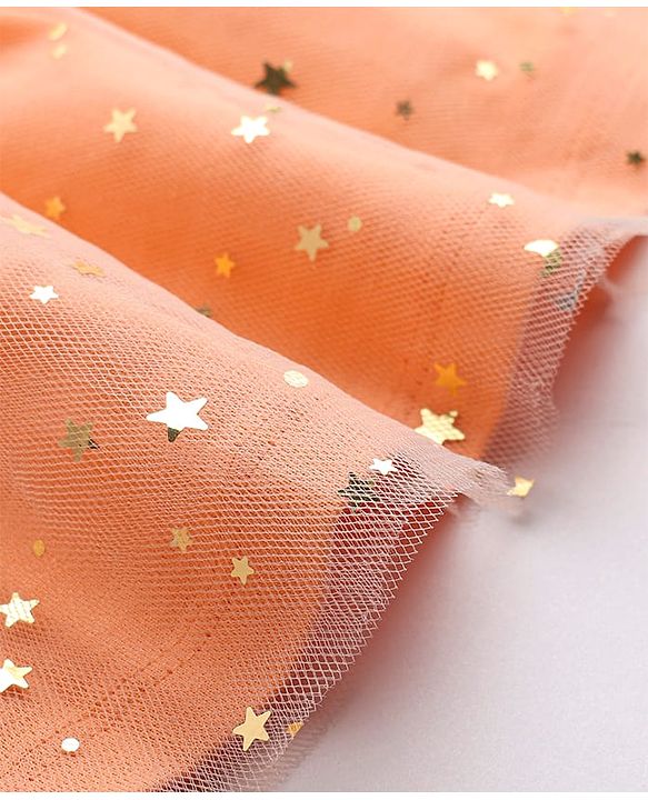 Babyhug Cotton Knit Frill Sleeves Bunny Printed Frock with Bow Applique & Foil Print - Orange & White