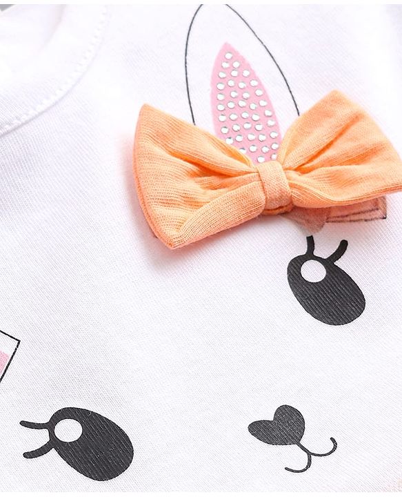 Babyhug Cotton Knit Frill Sleeves Bunny Printed Frock with Bow Applique & Foil Print - Orange & White