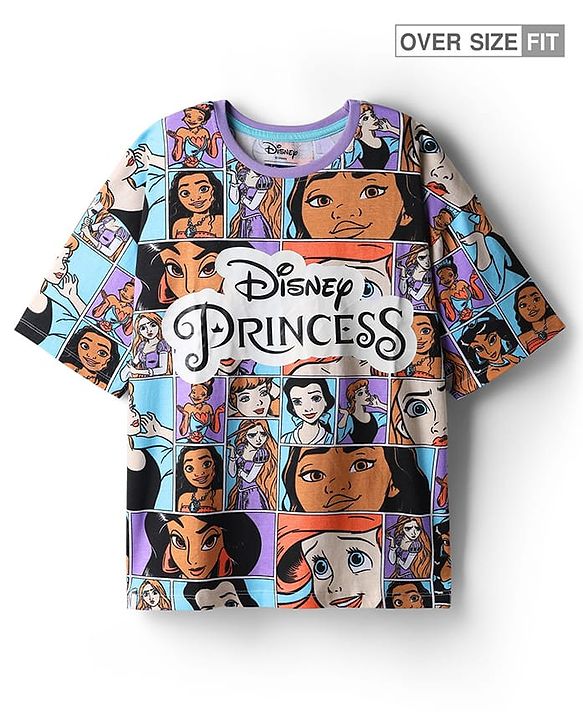 Pine Kids Disney Single Jersey Knit Oversized Drop Shoulder Half Sleeves T-Shirt with Disney Princess Graphics - Light Blue