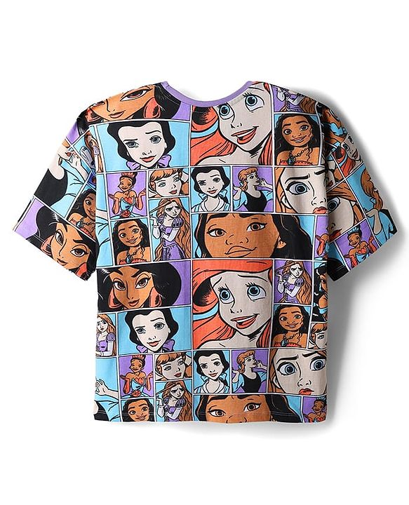 Pine Kids Disney Single Jersey Knit Oversized Drop Shoulder Half Sleeves T-Shirt with Disney Princess Graphics - Light Blue