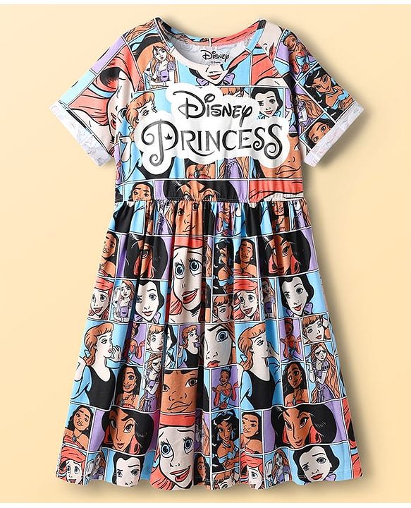 Pine Kids Disney Single Jersey Knit Half Sleeves Frock with Disney Princess Print - Light Blue