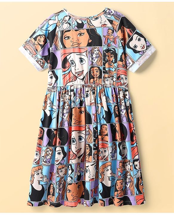 Pine Kids Disney Single Jersey Knit Half Sleeves Frock with Disney Princess Print - Light Blue