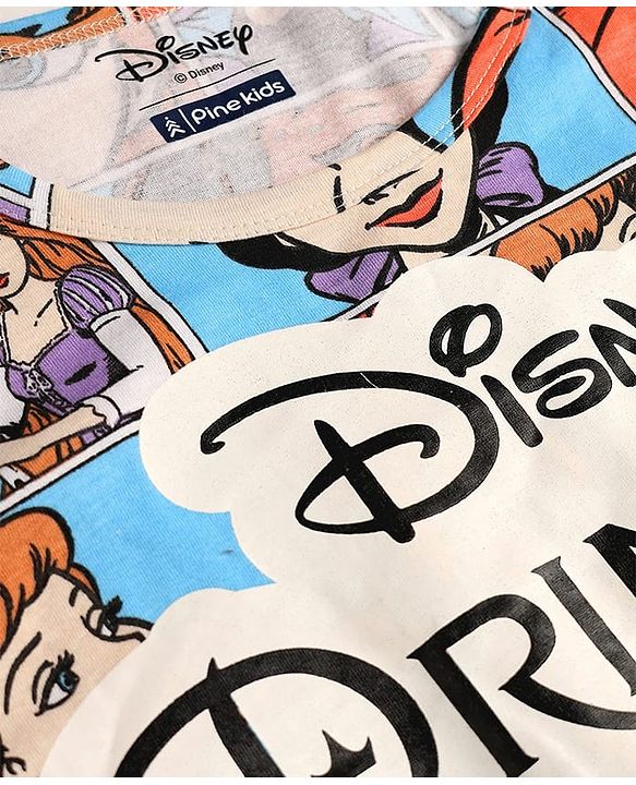 Pine Kids Disney Single Jersey Knit Half Sleeves Frock with Disney Princess Print - Light Blue