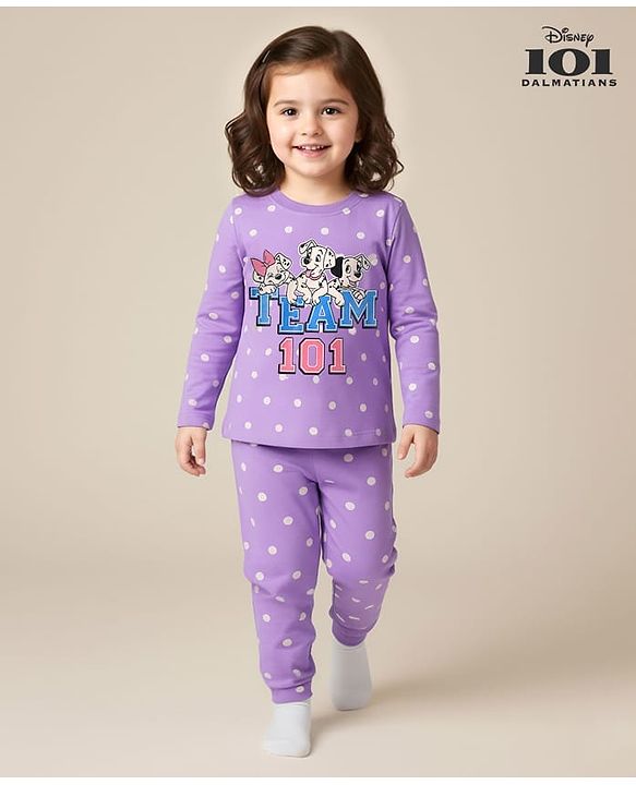 Babyhug Disney 100% Cotton Full Sleeves Round Neck Night Suit With 101 Dalmatians Graphics - Lavender