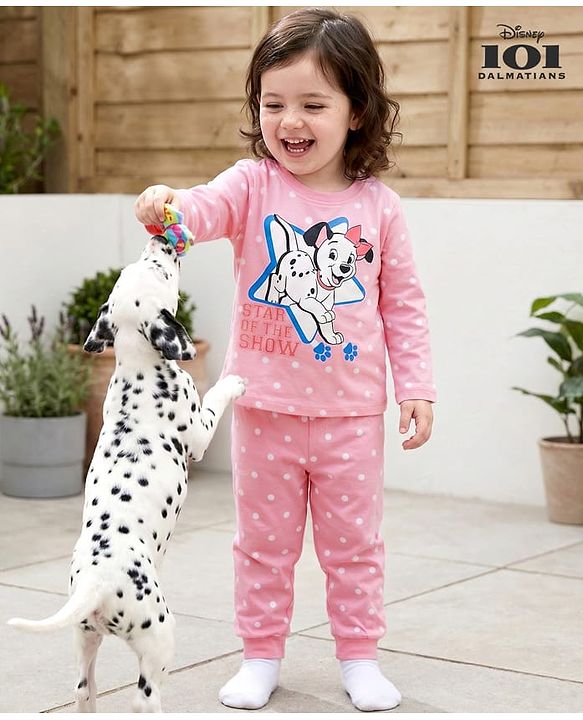 Babyhug Disney 100% Cotton Full Sleeves Round Neck Night Suit With 101 Dalmatians Graphics - Pink