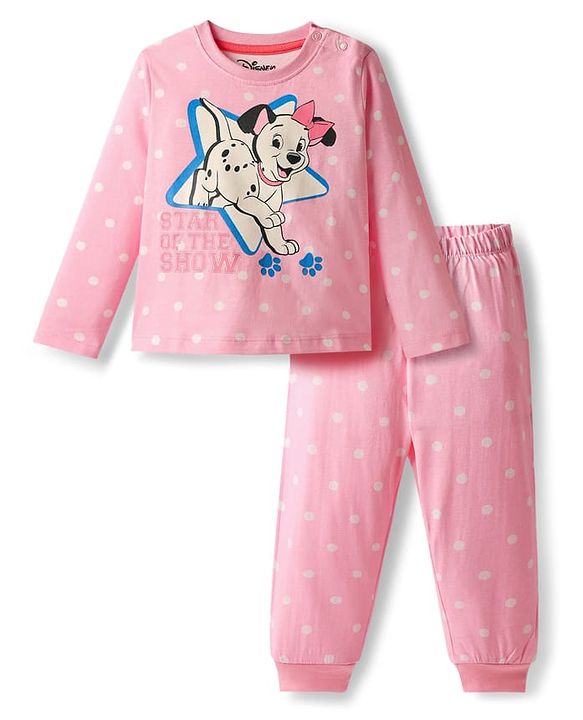 Babyhug Disney 100% Cotton Full Sleeves Round Neck Night Suit With 101 Dalmatians Graphics - Pink