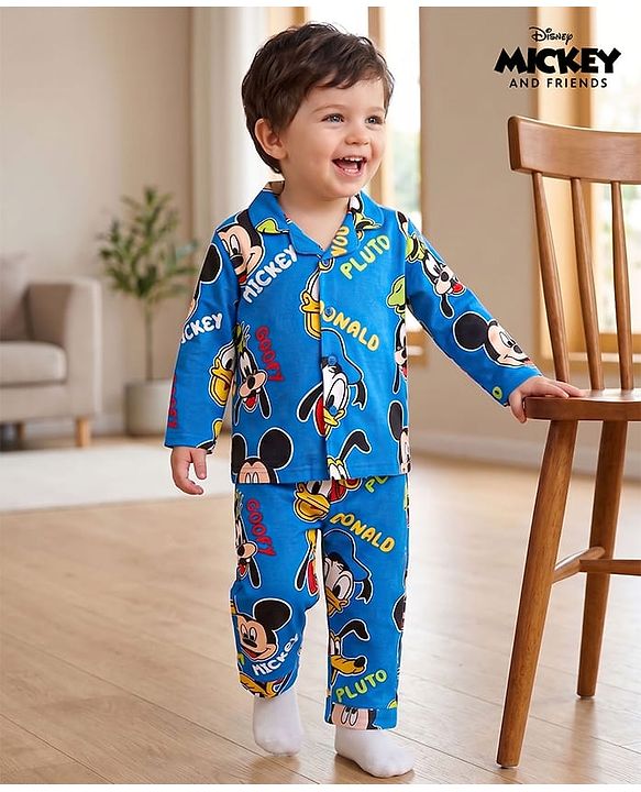 Babyhug Disney Single Jersey Knit Full Sleeves Co-ords Night Suit With Mickey & Friends Print - Blue