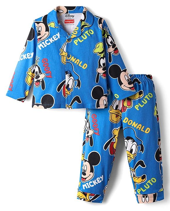 Babyhug Disney Single Jersey Knit Full Sleeves Co-ords Night Suit With Mickey & Friends Print - Blue