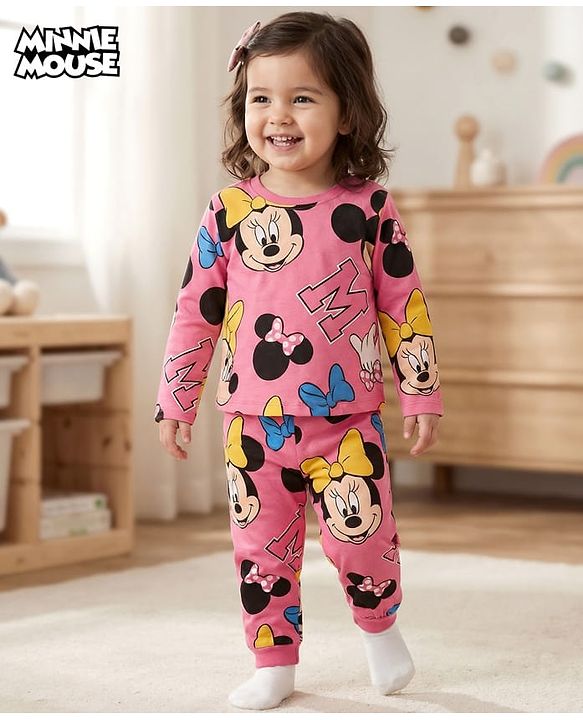 Babyhug Disney 100% Cotton Full Sleeves Night Suit With Minnie Mouse Print - Dark Pink